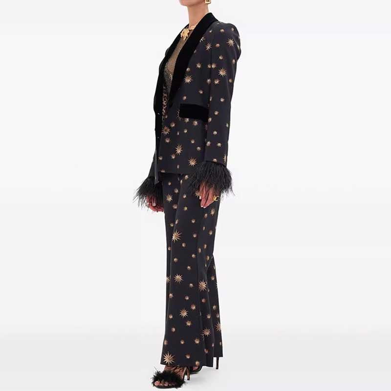 Stylish velvet feather trim 2-piece suit for women with elegant design and chic flare pants