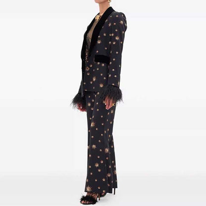 Stylish velvet feather trim 2-piece suit for women with elegant design and chic flare pants