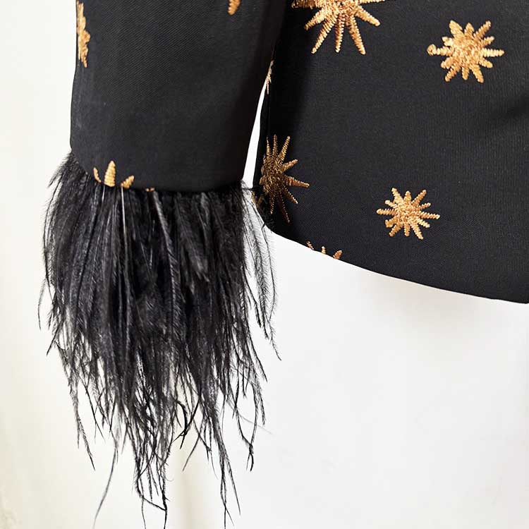 Elegant velvet feather trim 2-piece suit for women featuring a stylish black design and unique detailing