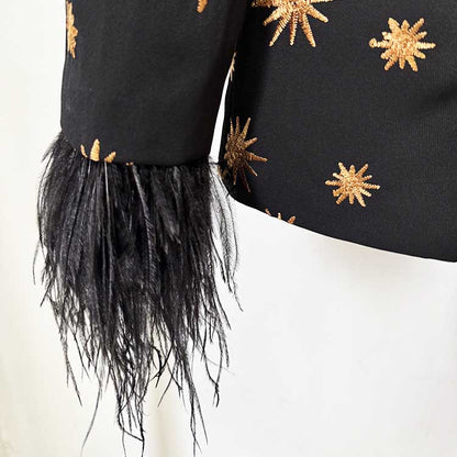 Elegant velvet feather trim 2-piece suit for women featuring a stylish black design and unique detailing