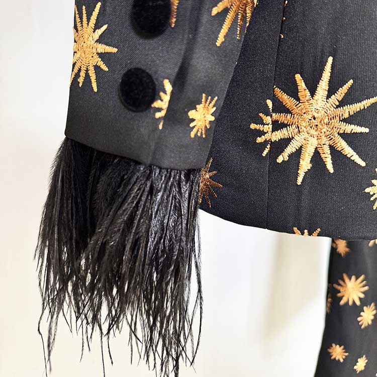 Stylish detail of a velvet feather trim 2-piece suit for women featuring gold embroidery and fluffy sleeves