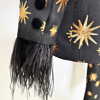 Stylish detail of a velvet feather trim 2-piece suit for women featuring gold embroidery and fluffy sleeves