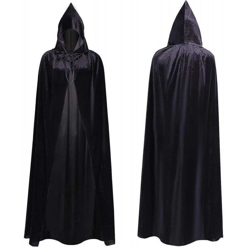 S&DCo. Black Velvet Hooded Cape for Halloween, perfect for medieval-inspired costumes and parties