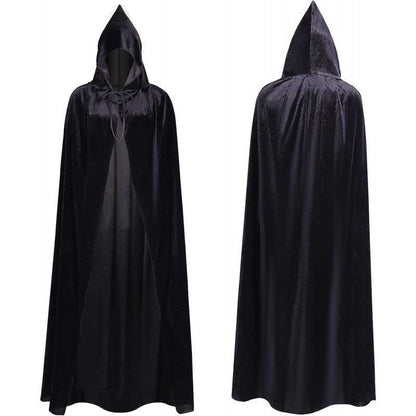 S&DCo. Black Velvet Hooded Cape for Halloween, perfect for medieval-inspired costumes and parties