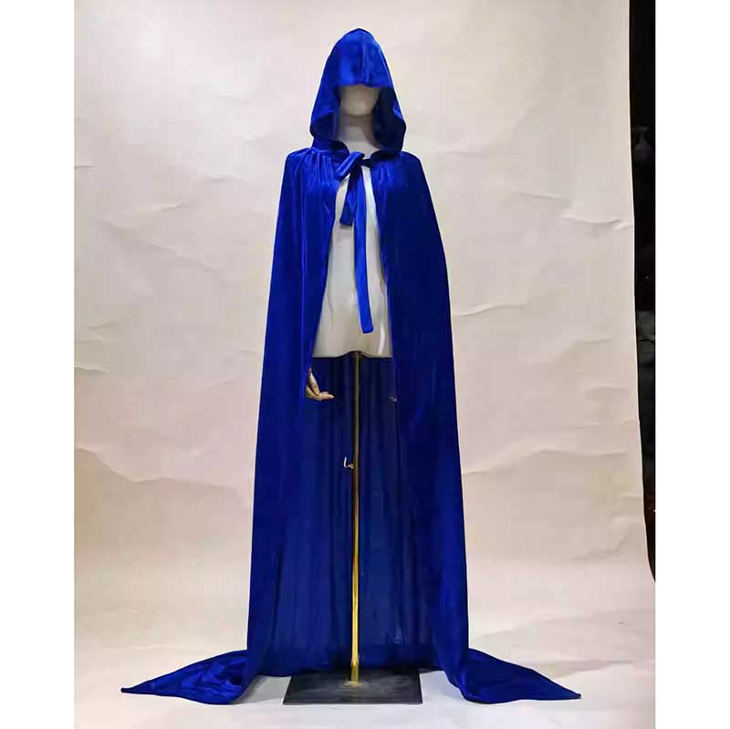 Royal blue velvet hooded cape for Halloween with a flowing design and tie closure