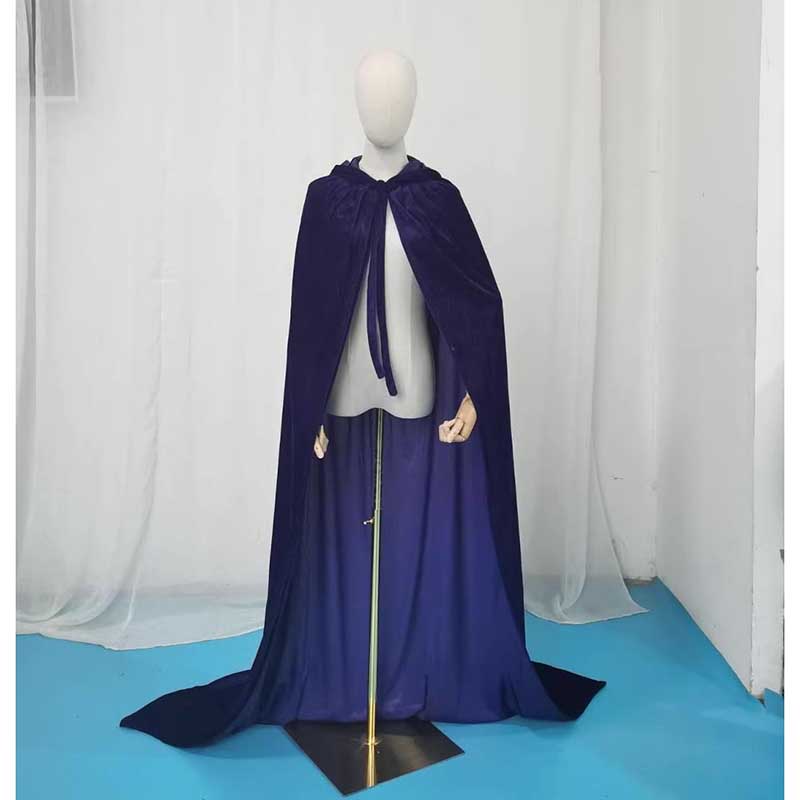 Elegant medieval dress with a velvet hooded cape for Halloween, featuring rich purple tones and soft fabric