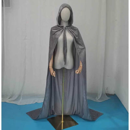 S&DCo. Medieval Dress with a velvet hooded cape for Halloween in soft gray fabric