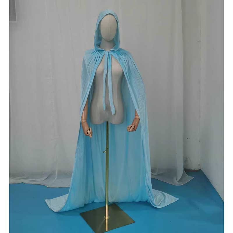 Light blue medieval dress featuring a velvet hooded cape for Halloween costume wear