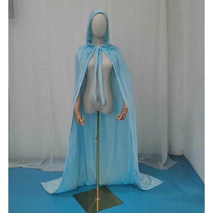 Light blue medieval dress featuring a velvet hooded cape for Halloween costume wear
