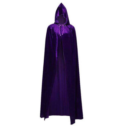 Velvet hooded cape for Halloween in rich purple color, perfect for a medieval-themed costume