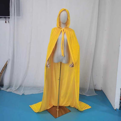 Bright yellow velvet hooded cape for Halloween with a flowing design and tie closure
