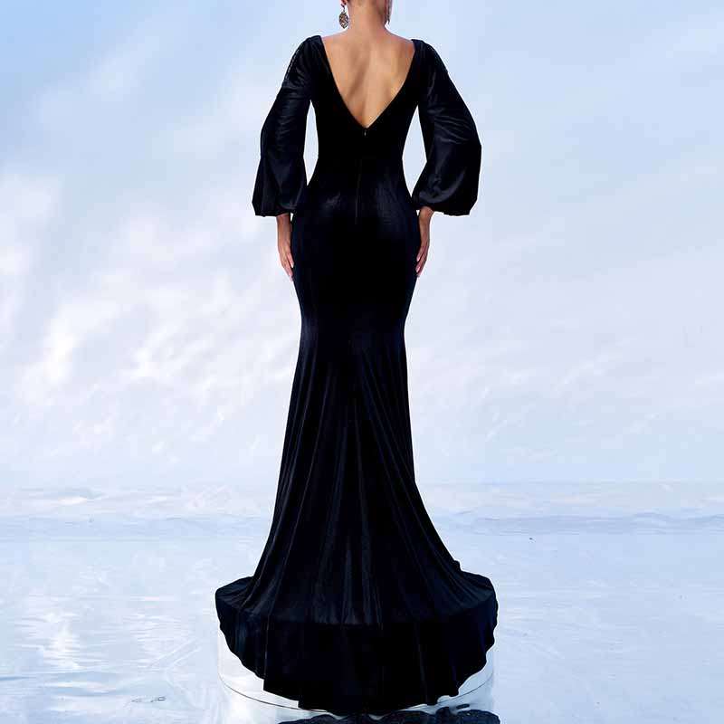 Long Sleeve Velvet Prom Dress Backless Long Evening Dress Ball Gown Event Dress