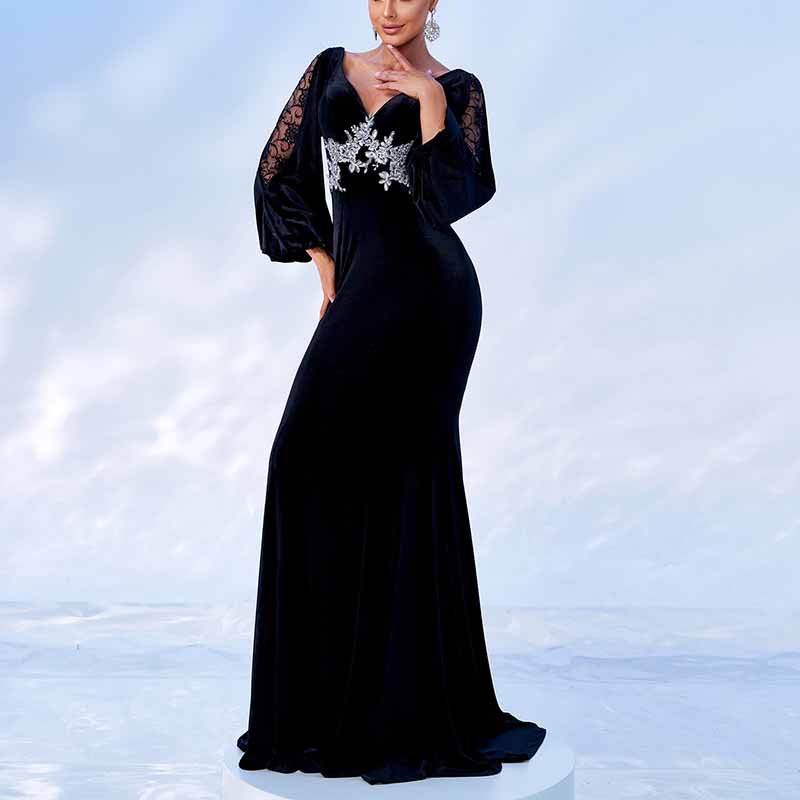 Long Sleeve Velvet Prom Dress Backless Long Evening Dress Ball Gown Event Dress