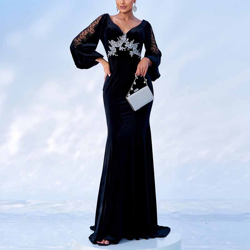 Long Sleeve Velvet Prom Dress Backless Long Evening Dress Ball Gown Event Dress