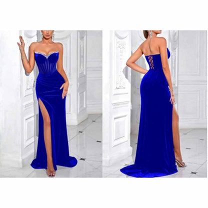Sweetheart Velvet Prom Dress | Rhinestone High Split Evening Gown