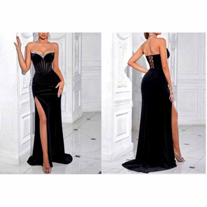 Sweetheart Velvet Prom Dress | Rhinestone High Split Evening Gown