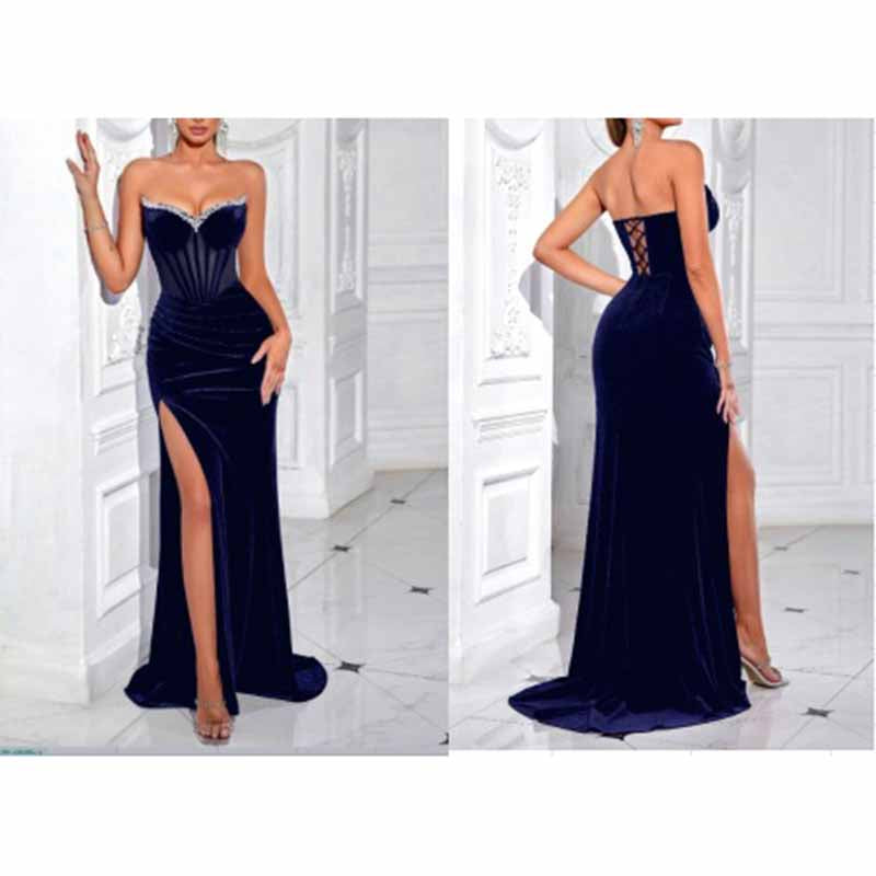 Sweetheart Velvet Prom Dress | Rhinestone High Split Evening Gown