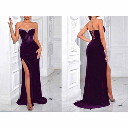 Sweetheart Velvet Prom Dress | Rhinestone High Split Evening Gown