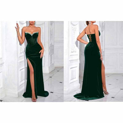 Sweetheart Velvet Prom Dress | Rhinestone High Split Evening Gown