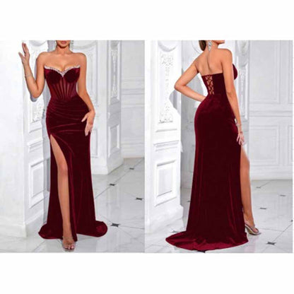 Sweetheart Velvet Prom Dress | Rhinestone High Split Evening Gown