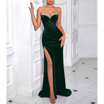 Sweetheart Velvet Prom Dress | Rhinestone High Split Evening Gown