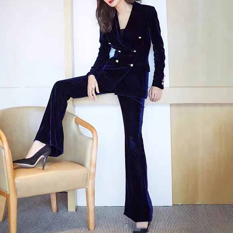 Women's 2pcs Suit Velvet Blazer Pant Set