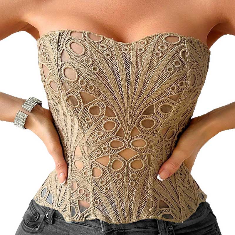 SD Dresscode Strapless Beige Crop Top with Intricate Cutout Design for Stylish Summer Outfits