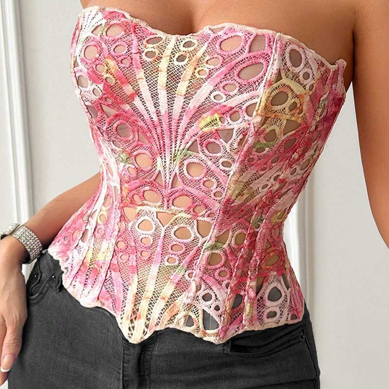 SD Dresscode strapless crop top in pink lace design featuring intricate cutouts for a stylish look