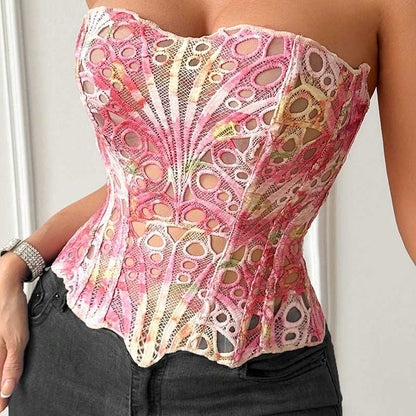 SD Dresscode strapless crop top in pink lace design featuring intricate cutouts for a stylish look