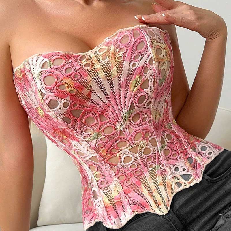 SD Dresscode Floral Lace Crop Top with Strapless Design and Colorful Pattern for Stylish Outfits