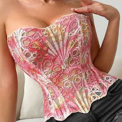 SD Dresscode Floral Lace Crop Top with Strapless Design and Colorful Pattern for Stylish Outfits
