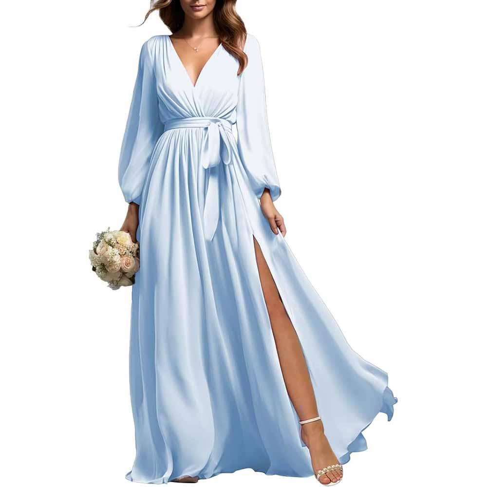 Elegant light blue long sleeve chiffon bridesmaid dress with V-neck and waist tie