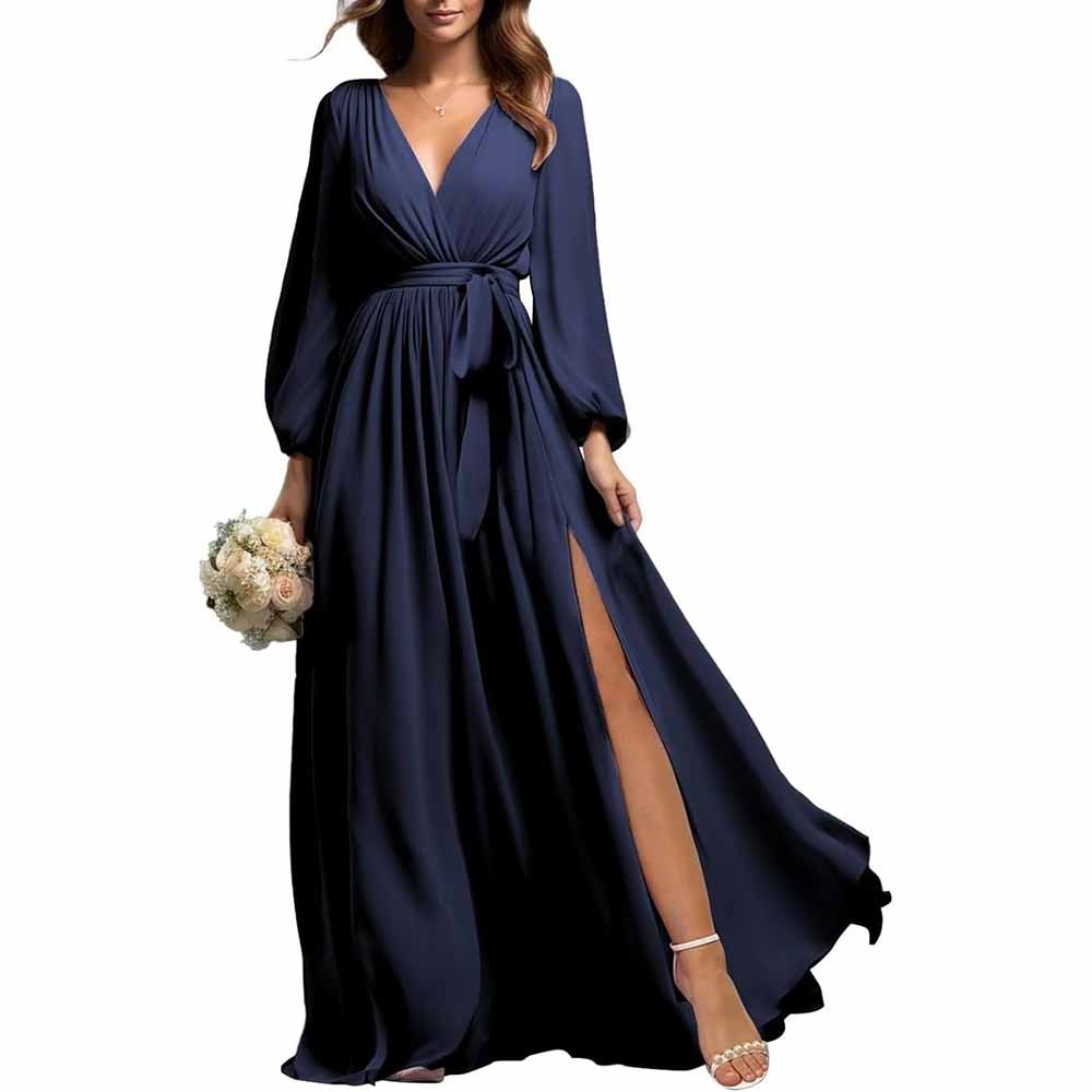 sd-hk elegant navy long sleeve chiffon bridesmaid dress with wrap waist and slit detail
