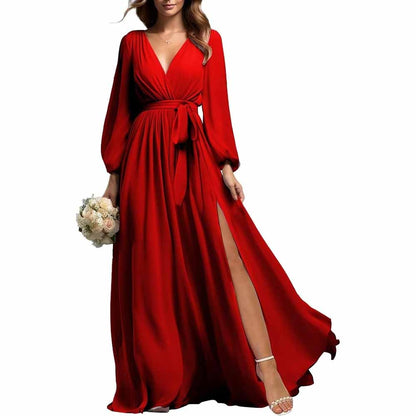 Elegant red long sleeve chiffon bridesmaid dress with a deep V neckline and side slit