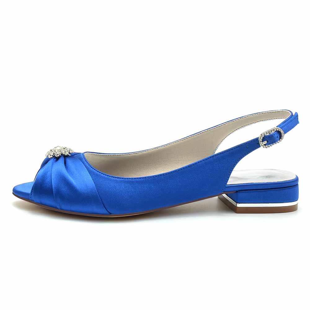 TC Blue Satin Slingback Wedding Shoes with Embellished Toe, ideal low heel formal flats for weddings