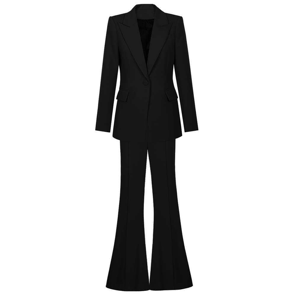 Elegant black one button blazer and flare pants set for professional occasions and stylish events