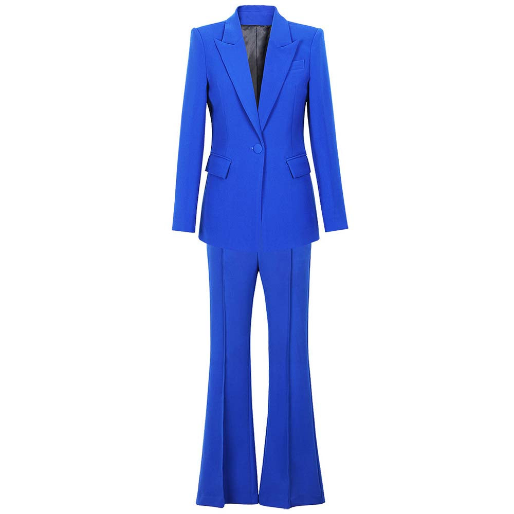SD-HK One button blazer and flare pants set in vibrant blue for stylish workwear and events