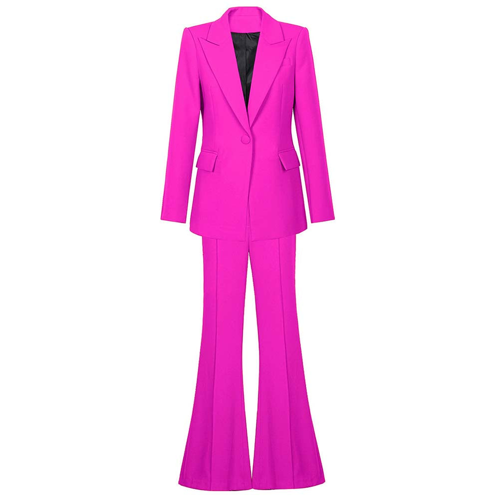 Fashionable pink one button blazer and flare pants set for stylish occasions