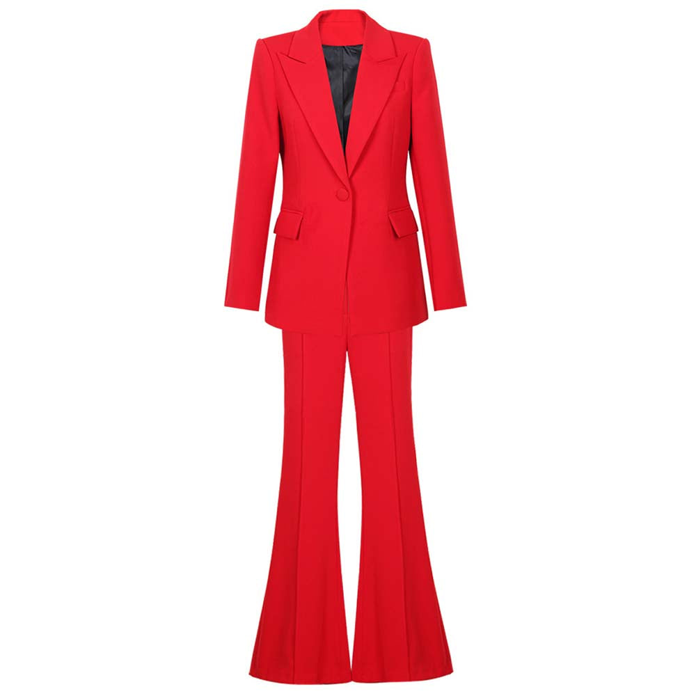 Red one button blazer and flare pants set for a stylish and trendy look.