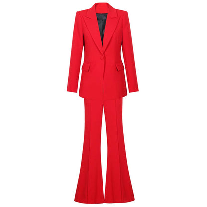 Red one button blazer and flare pants set for a stylish and trendy look.