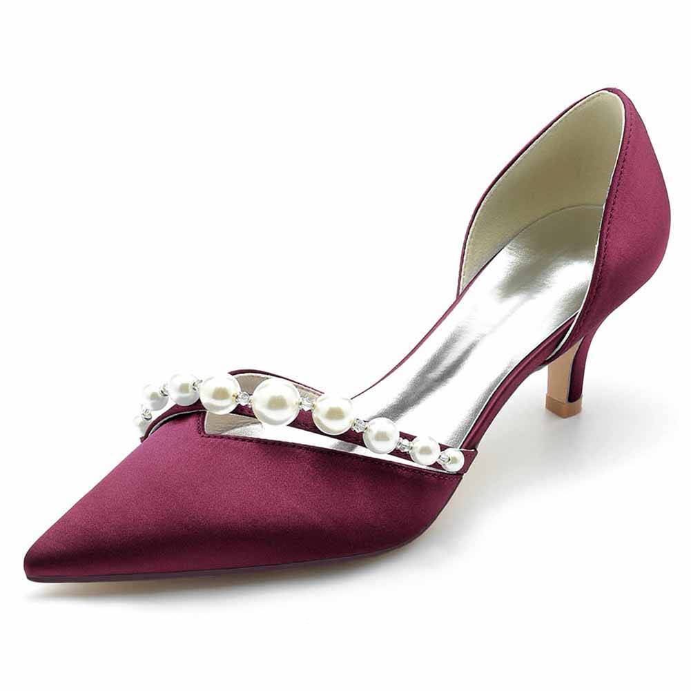 Elegant TC wedding shoes in burgundy satin with pearl detailing and a stylish pointed toe design