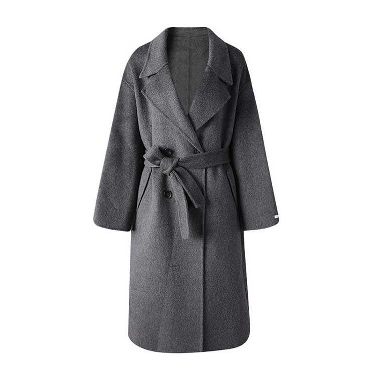 Women's double-breasted grey coat with a belt and oversized lapels for a stylish look