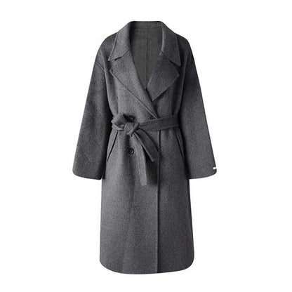 Women's double-breasted grey coat with a belt and oversized lapels for a stylish look