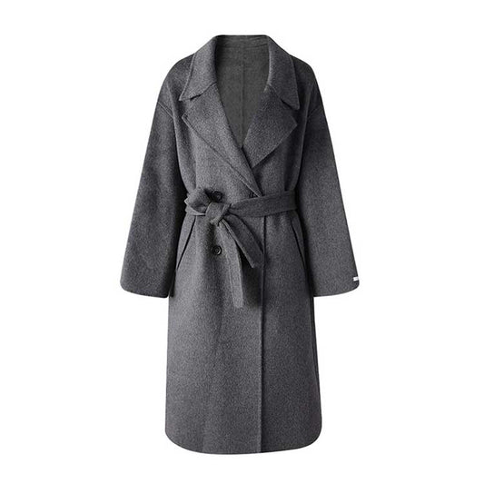 Women's double-breasted grey coat with a belt and oversized lapels for a stylish look