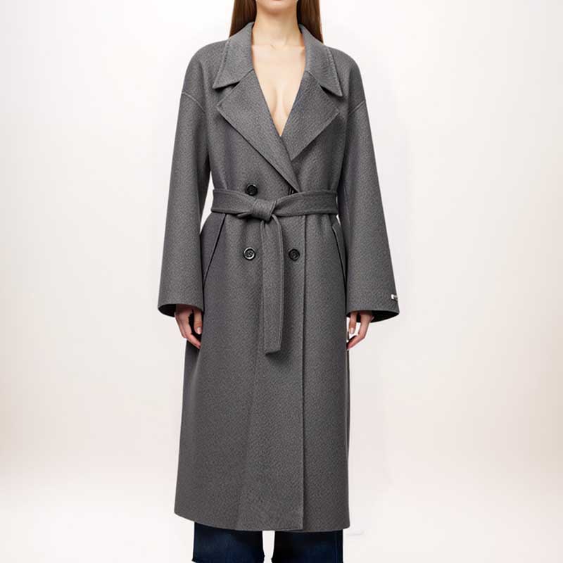Stylish women's double-breasted grey coat with belt and wide sleeves from sd-hk fashion