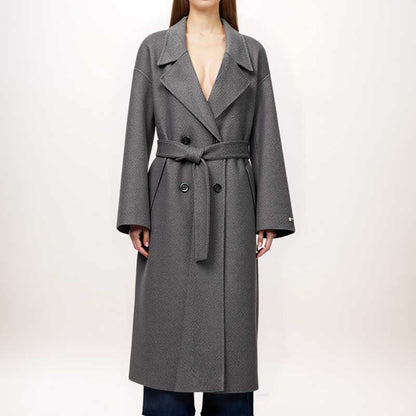 Stylish women's double-breasted grey coat with belt and wide sleeves from sd-hk fashion