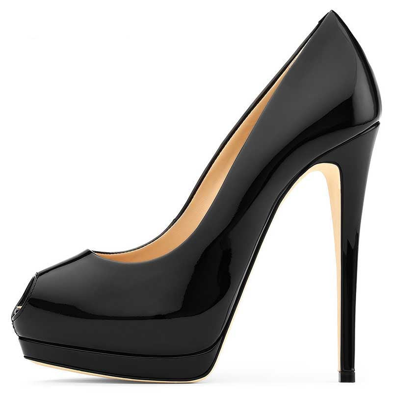 Elegant black women's peep toe pumps for weddings with a glossy finish and high heels