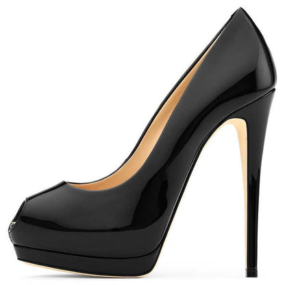 Elegant black women's peep toe pumps for weddings with a glossy finish and high heels