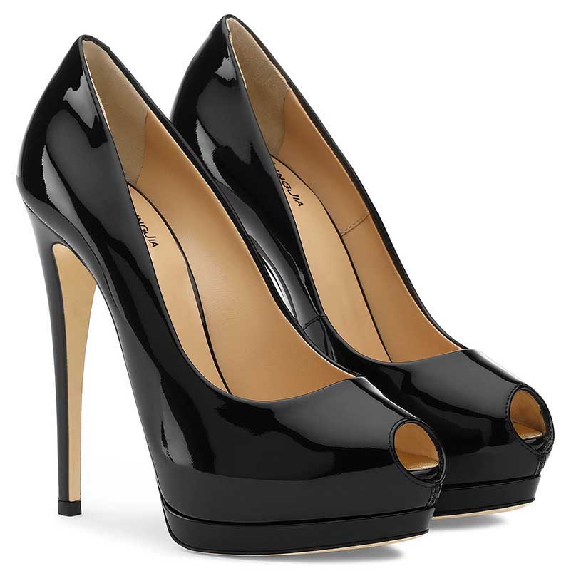 Elegant black women's peep toe pumps for weddings with a high heel and shiny finish