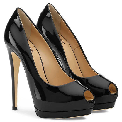 Elegant black women's peep toe pumps for weddings with a high heel and shiny finish